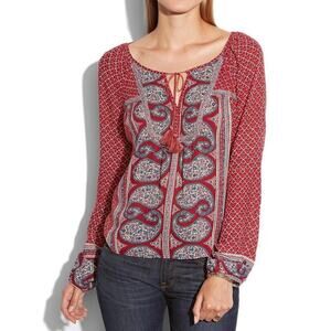 Lucky Brand Kat Peasant Mixed Print Paisley Floral Maroon/Teal Top